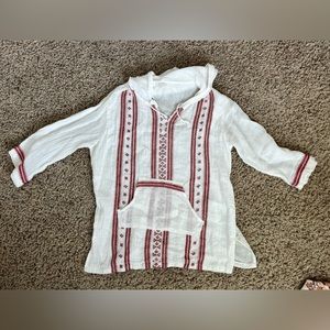 white cotton, red embroidered, 3/4 sleeve blouse
